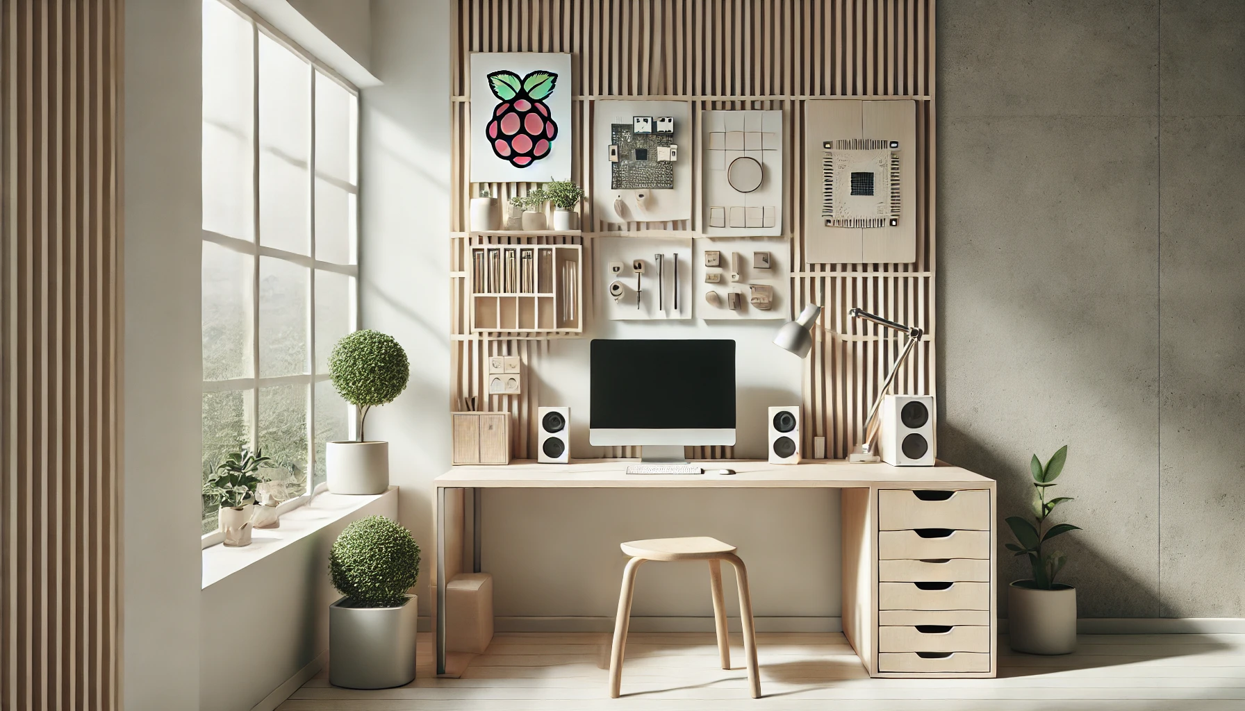 A modern, functional workspace that embodies the principle of 'Functional Elegance,' featuring a clean, Scandinavian-inspired aesthetic. The space includes a sleek wooden desk with a modular setup: a laptop, a Raspberry Pi, and neatly arranged tools or devices. Natural light streams through a large window with minimalist blinds, and greenery from a small potted plant adds a touch of life. The color palette is soft and muted, with tones of light wood, white, and gray, accented with subtle metallic elements for a contemporary feel. The overall design emphasizes simplicity, purpose, and harmony, without sacrificing functionality. The layout is wide, suitable for insertion into a blog post, with ample negative space to the sides for overlaying text or additional elements.