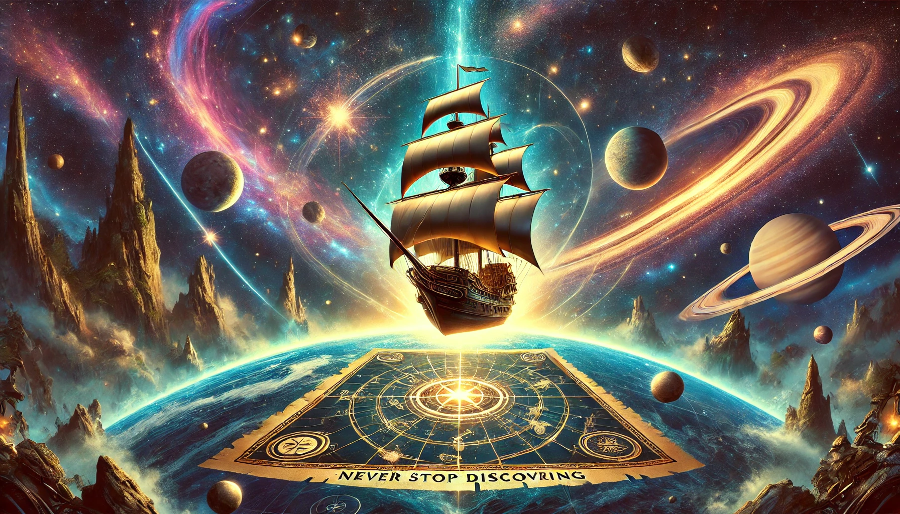 An artistic homage to Disney's 'Treasure Planet' representing the spirit of 'Never Stop Discovering.' The image features a futuristic ship soaring through a sea of stars and nebulae, with a glowing map charting an unexplored celestial path. The ship has sleek metallic sails, blending steampunk and sci-fi aesthetics, reminiscent of the Treasure Planet design. In the background, distant planets, cosmic swirls, and asteroids enhance the sense of endless exploration. The composition evokes wonder, curiosity, and the drive to explore the unknown, while maintaining a vibrant and dynamic feel. Wide aspect ratio suitable for a blog post, with ample space for a caption.