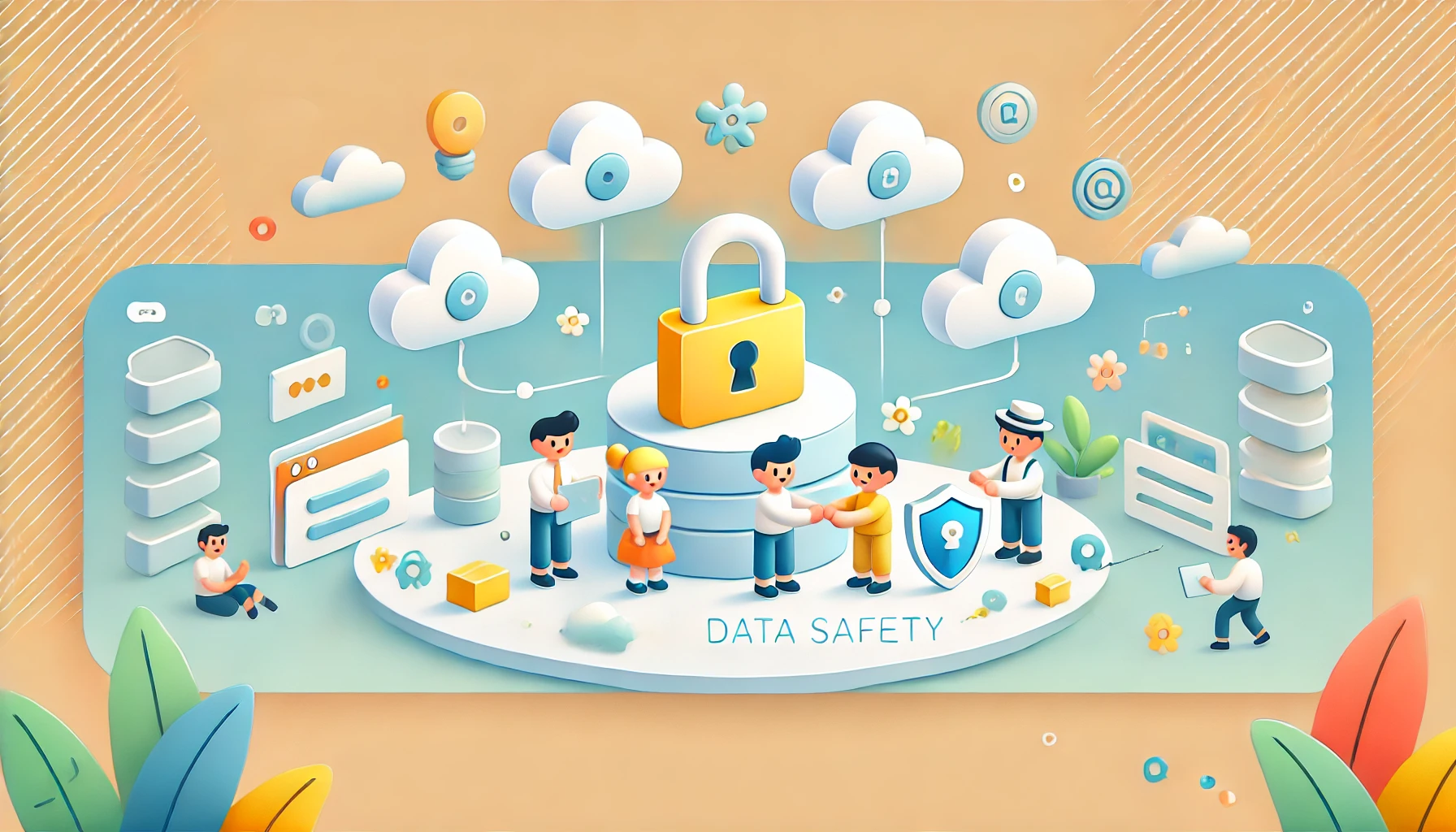 A clean and minimalistic cartoon-style privacy policy banner featuring small, friendly characters working together to ensure data safety over the internet. The design includes a few cheerful characters interacting with a large lock, a shield, and a simplified data cloud. The scene should use soft, inviting colors like light blue, green, and yellow, with plenty of white space to keep the layout uncluttered. The style should be modern, fun, and approachable, with no text or unnecessary elements.