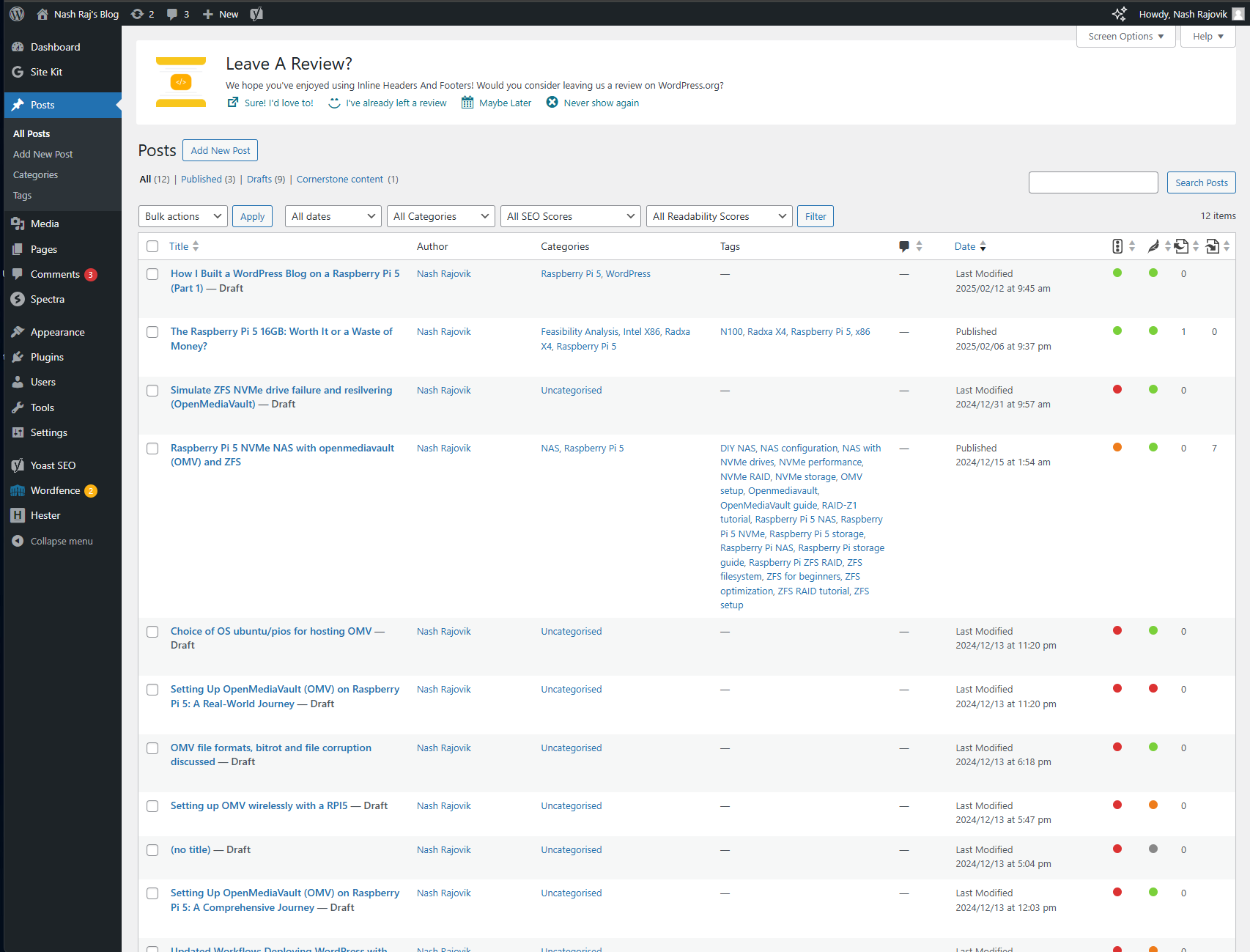 The WordPress Dashboard running off the Raspberry Pi 5 with all the recommended add-ons