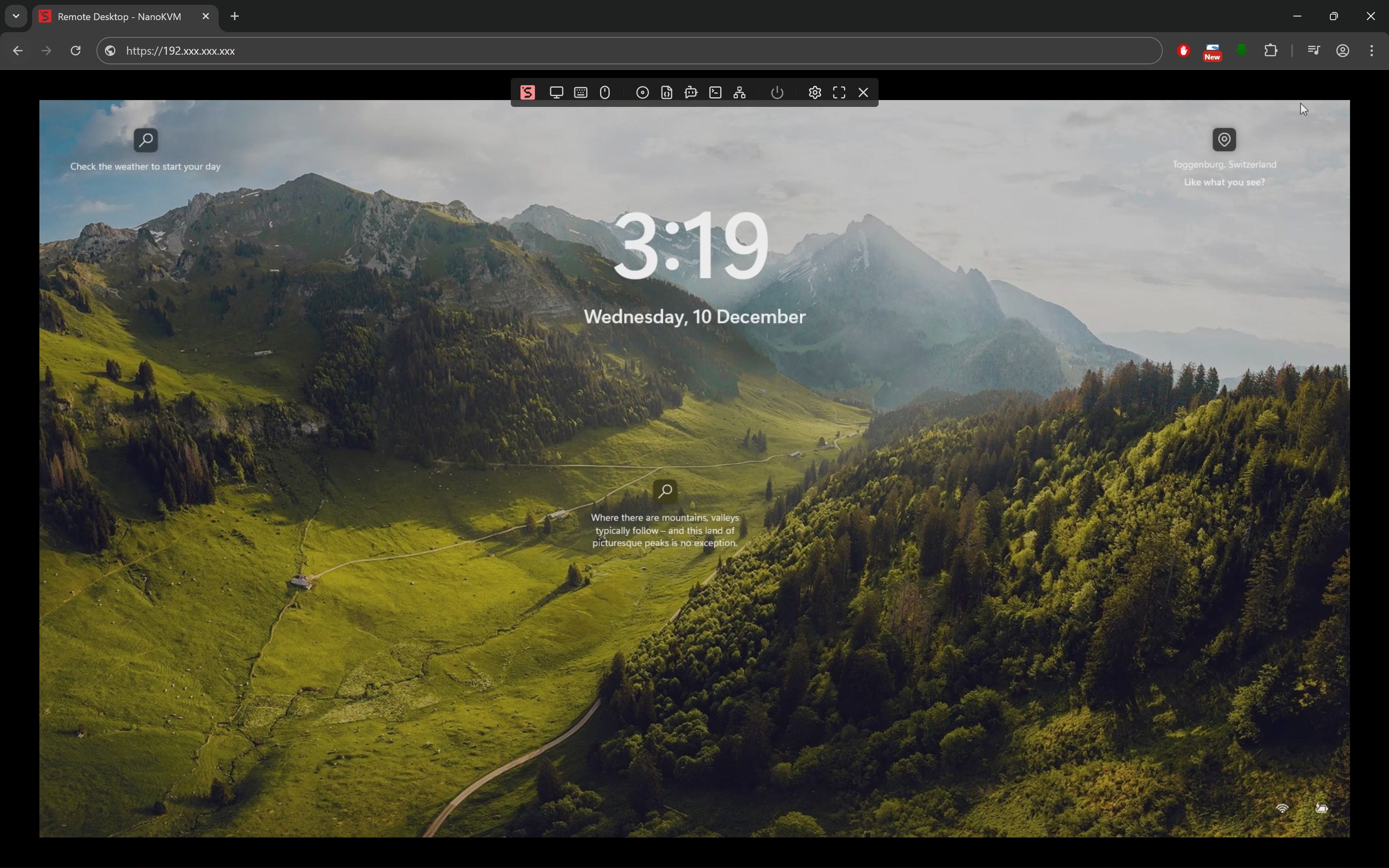 Browser accessing the NanoKVM Pro web interface using its ZeroTier virtual IP address.