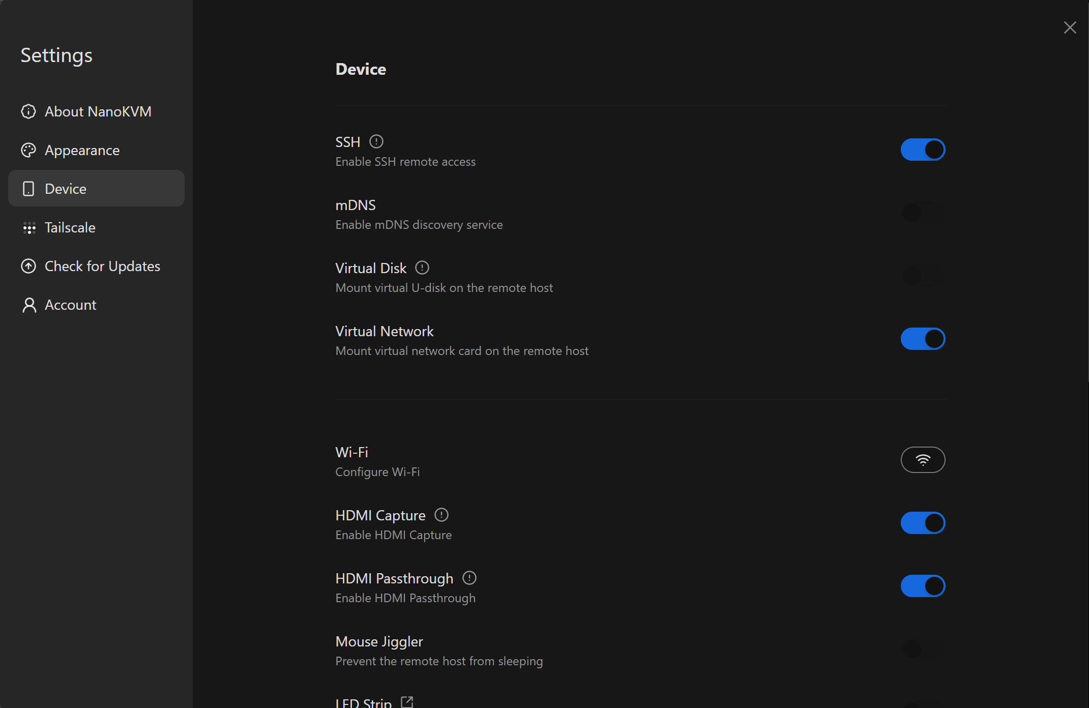 NanoKVM Pro device settings page with SSH option enabled.