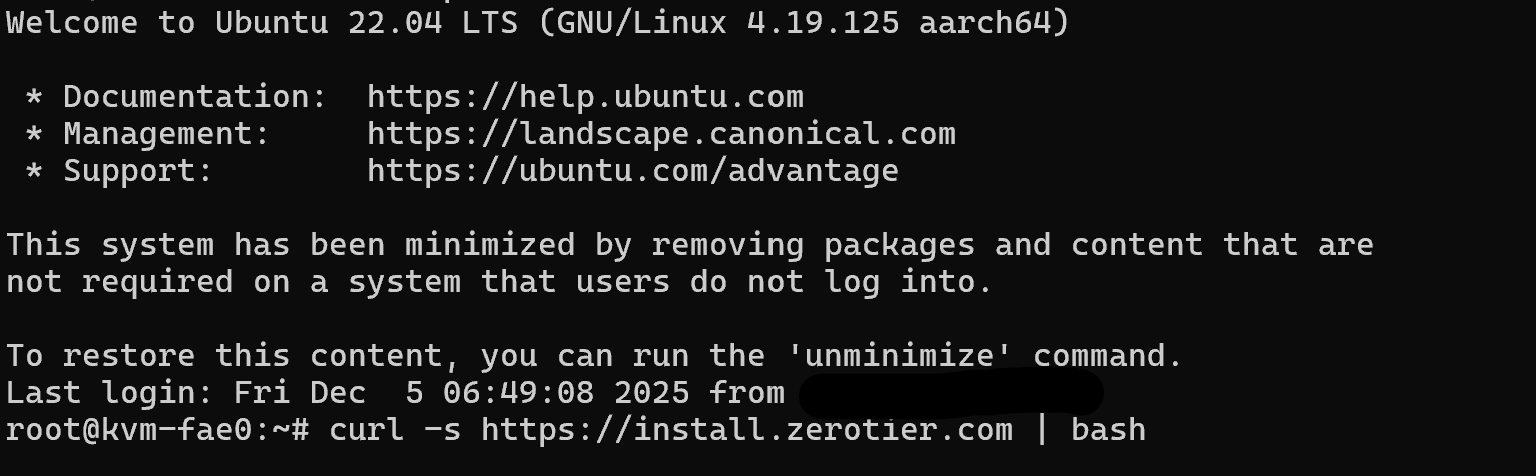 Terminal session on NanoKVM Pro running the ZeroTier installation script on Ubuntu.