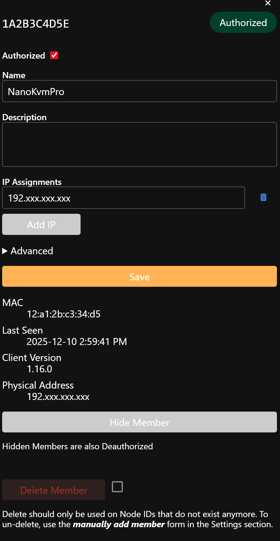 ZeroTier Central showing the NanoKVM Pro node as an authorized member of the virtual network.