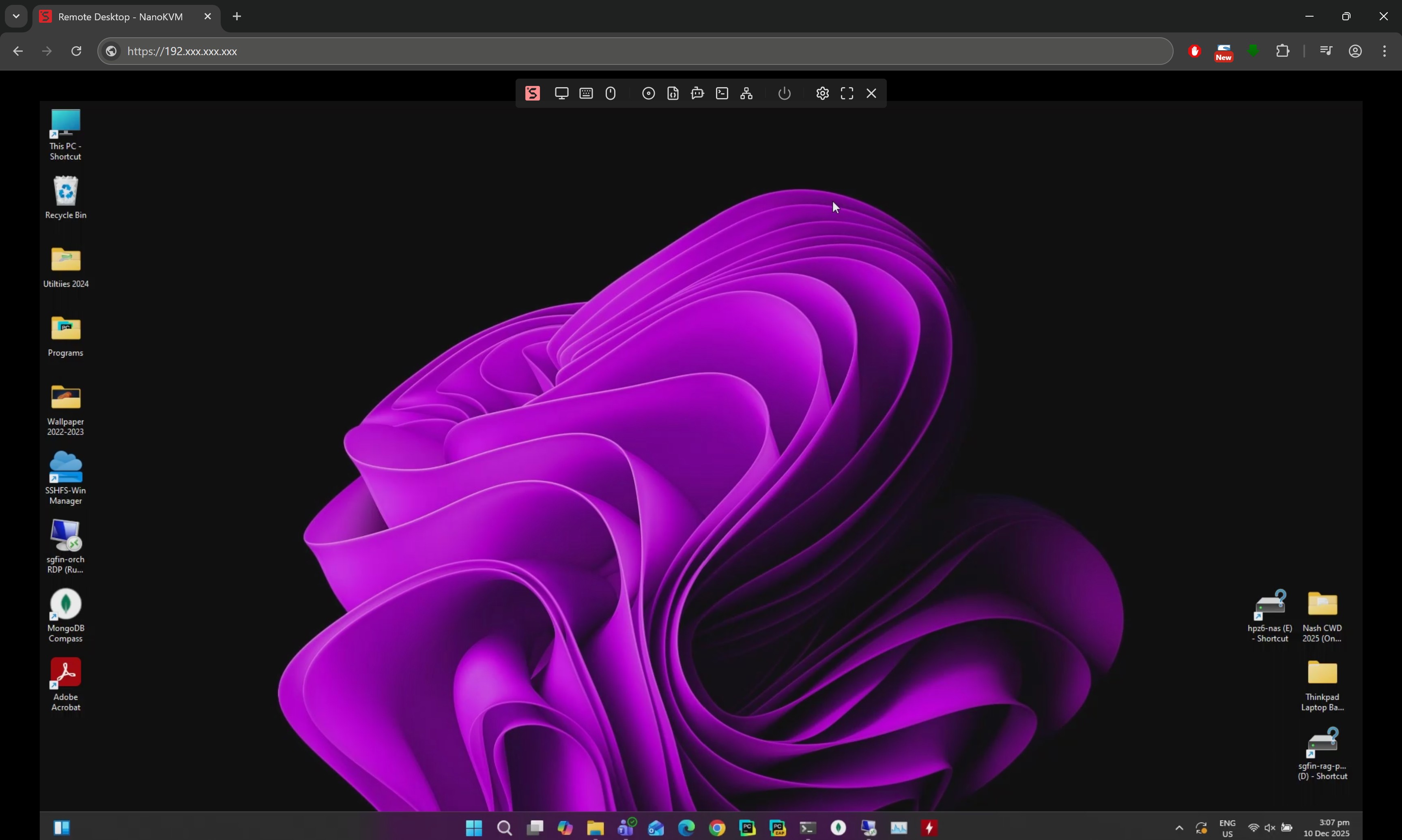 Browser accessing the NanoKVM Pro web interface using its ZeroTier virtual IP address.